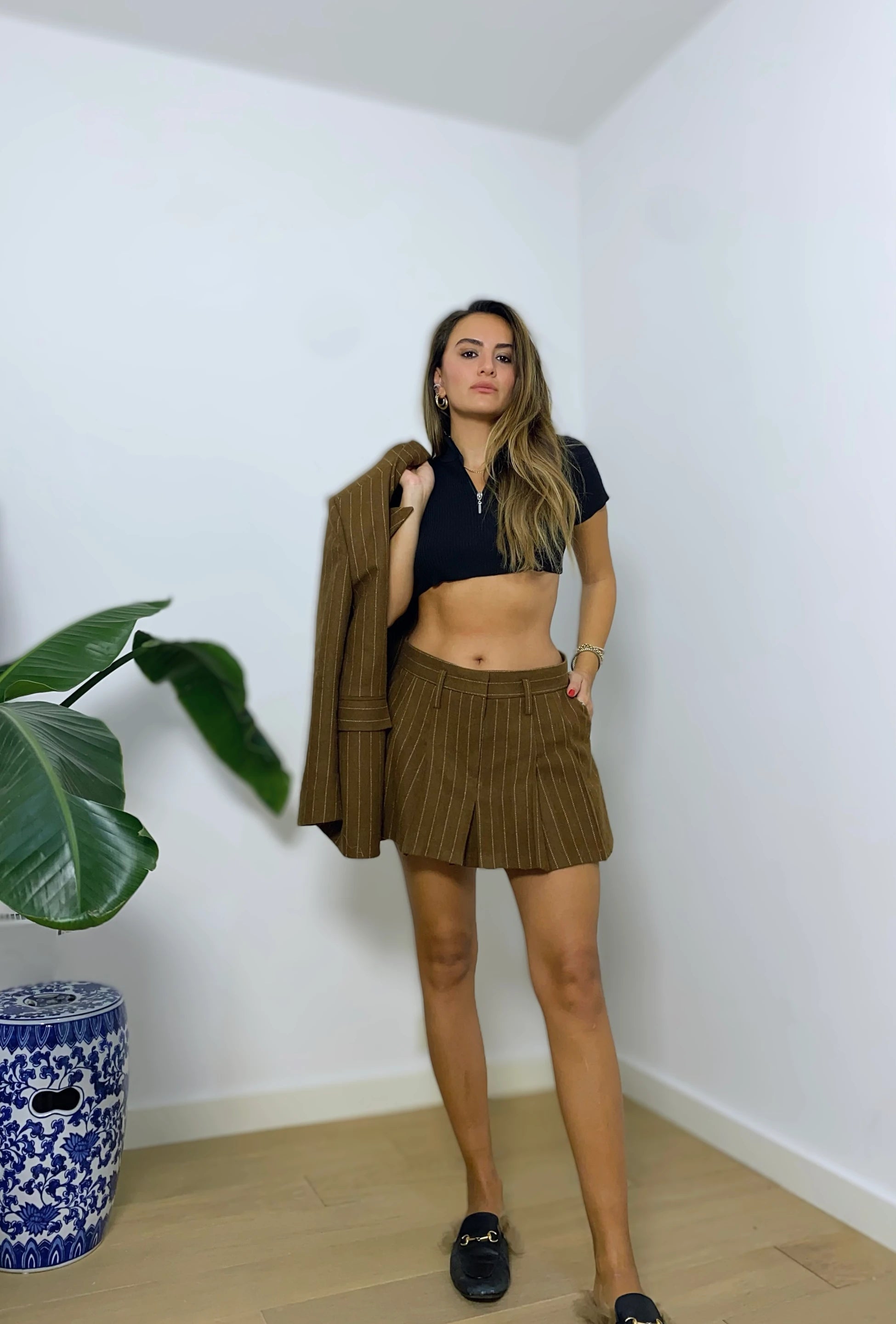 GIGI PİLELİ KAHVERENGİ DÜŞÜK BEL ETEK
