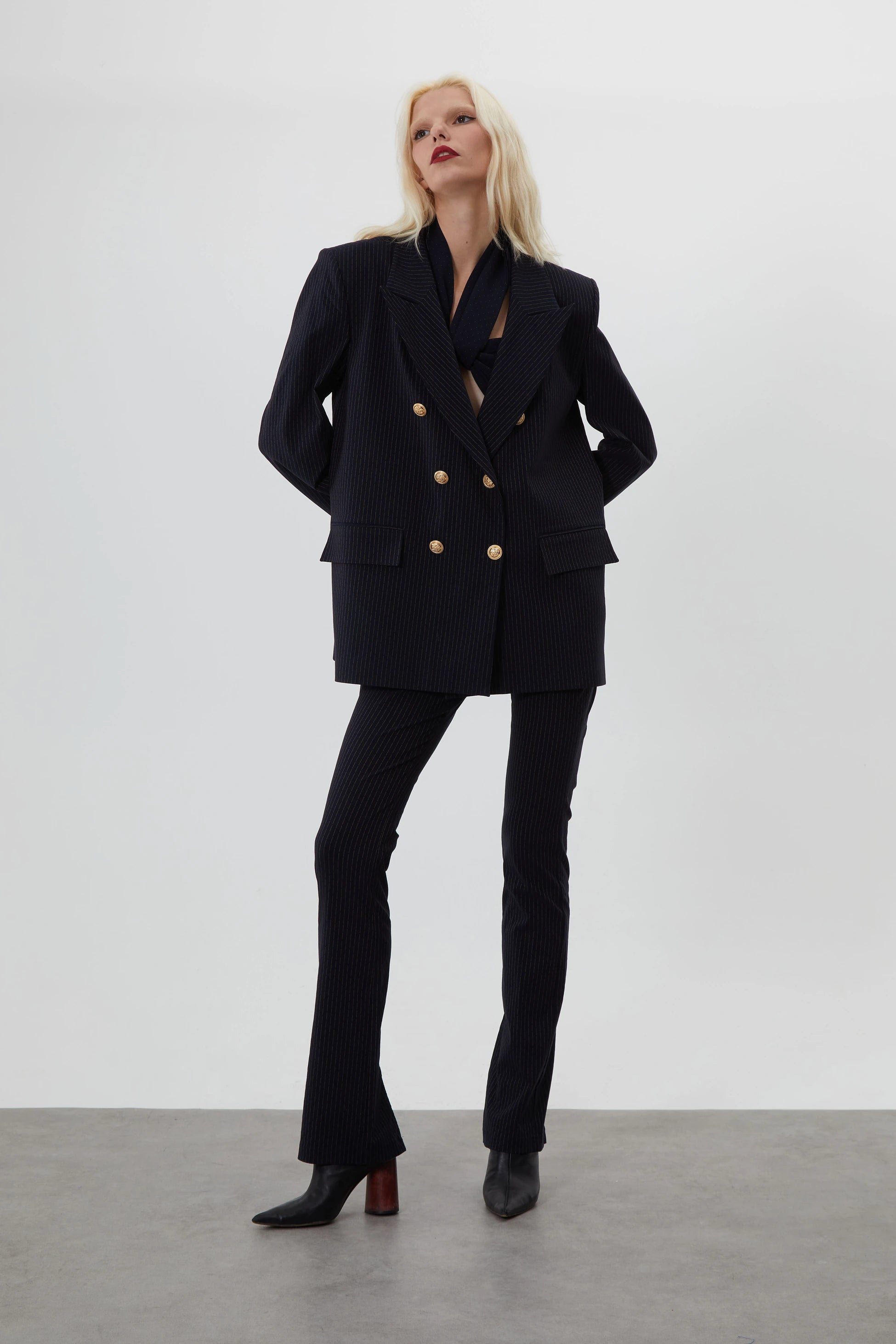 JACKIE EKTSRA OVERSIZED LACİVERT ÇİZGİLİ BLAZER CEKET