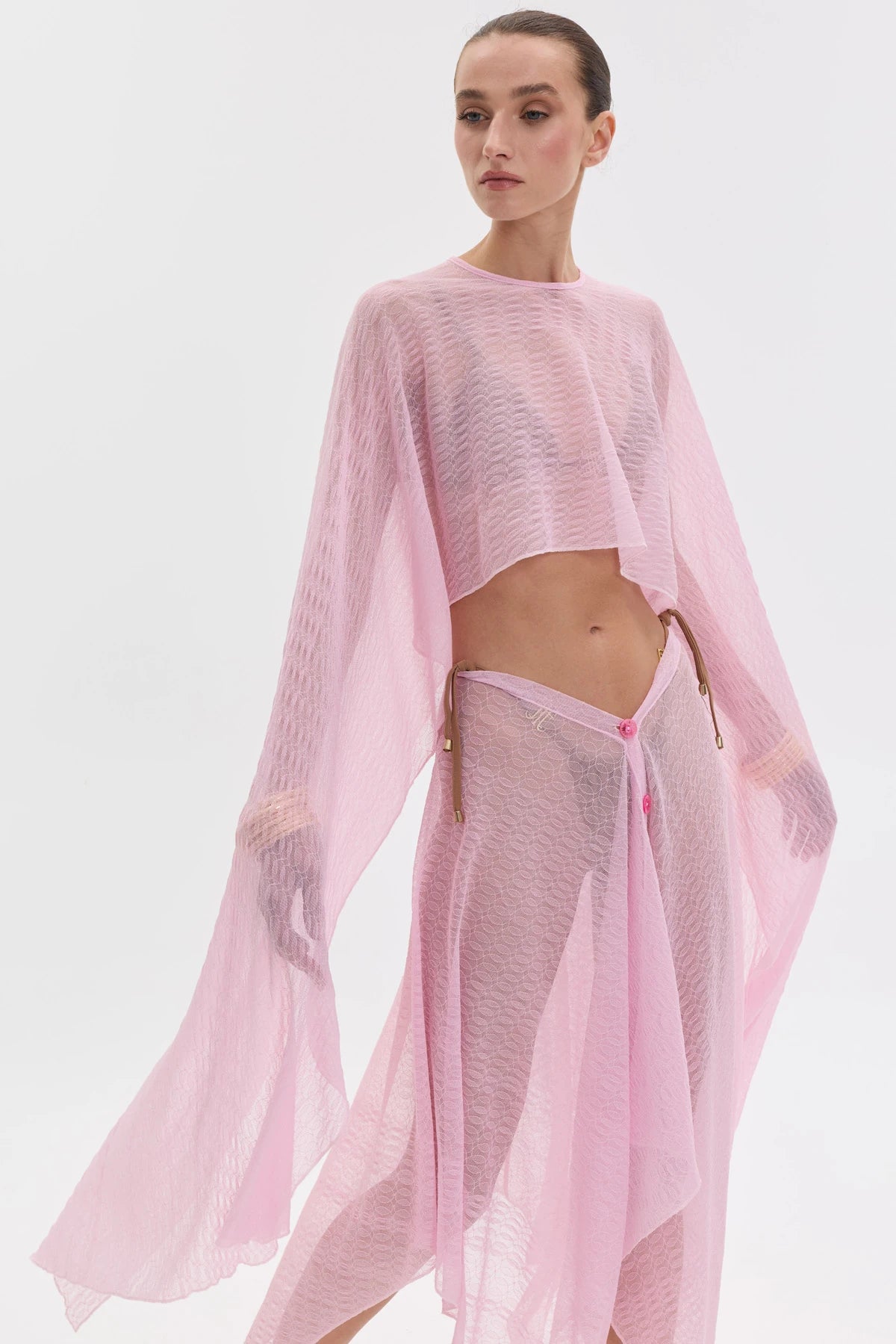 AURA ASİMETRİK PEMBE DANTEL PLAJ ETEĞİ