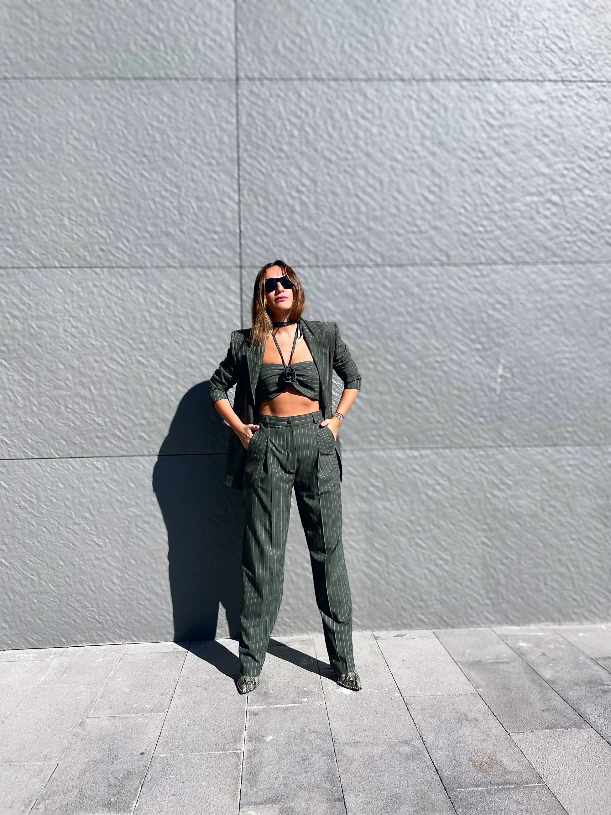 YEŞİL ÇİZGİLİ OVERSIZE VATKALI BLAZER