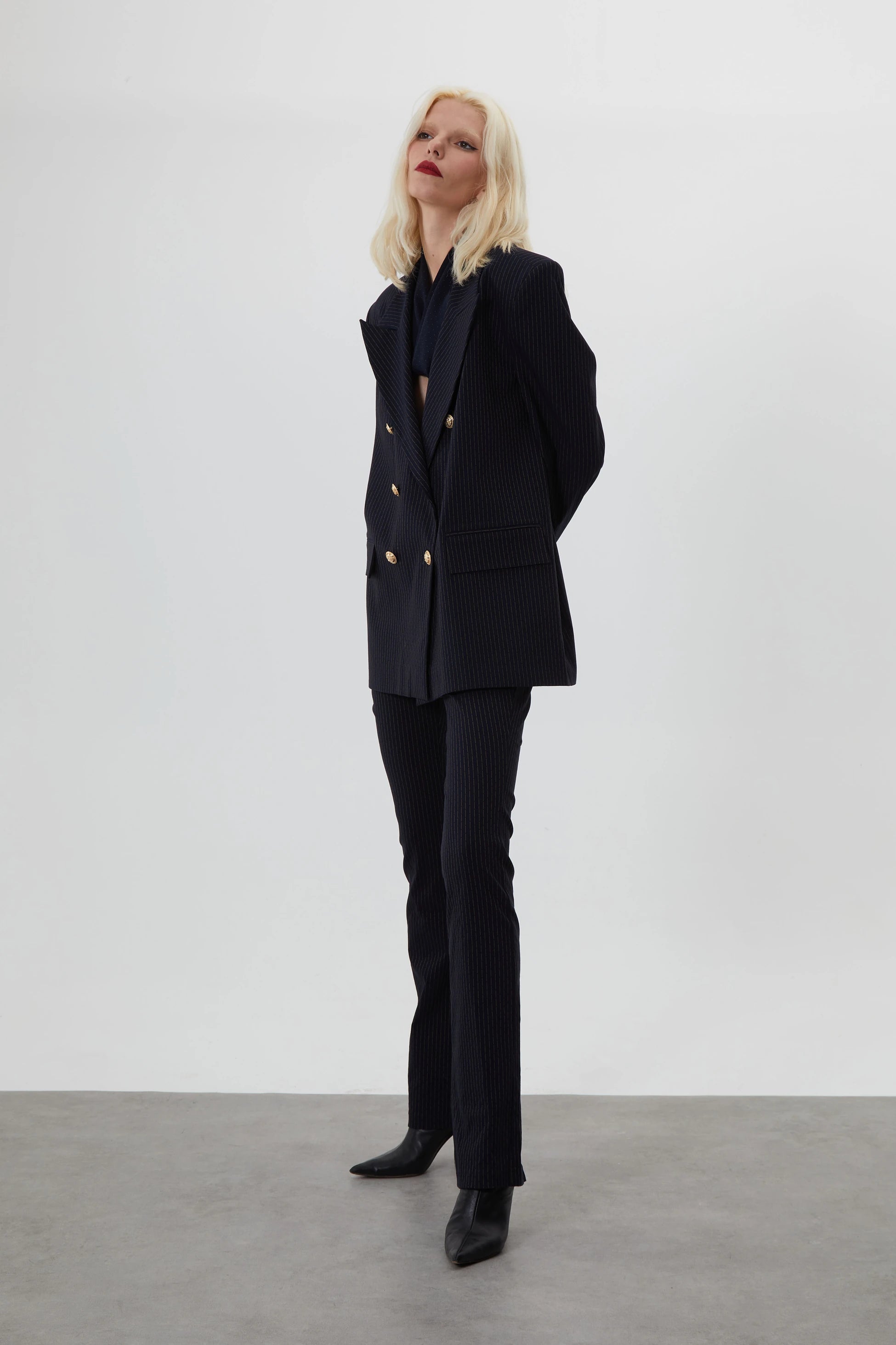JACKIE EKTSRA OVERSIZED LACİVERT ÇİZGİLİ BLAZER CEKET